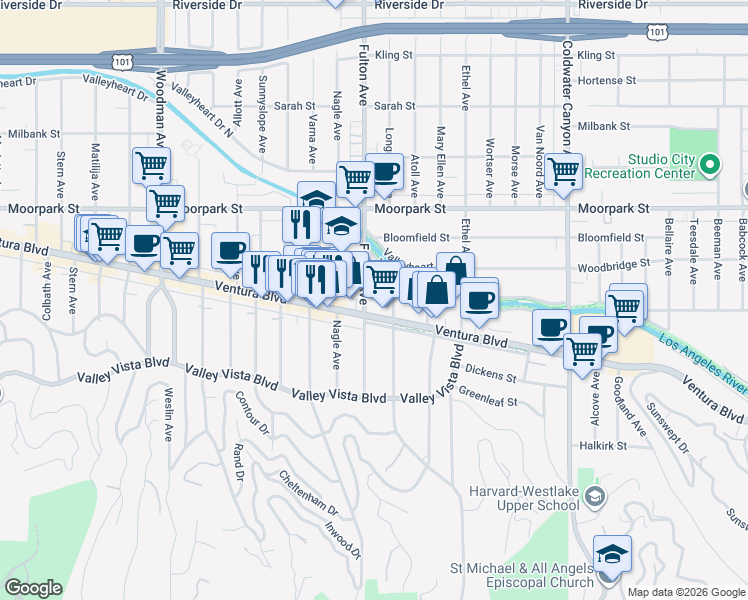 map of restaurants, bars, coffee shops, grocery stores, and more near 4214 Fulton Avenue in Los Angeles