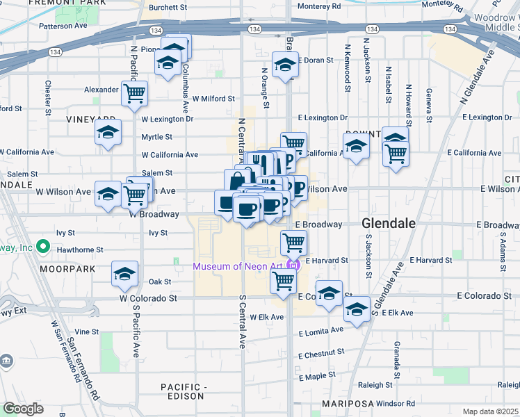 map of restaurants, bars, coffee shops, grocery stores, and more near in Glendale