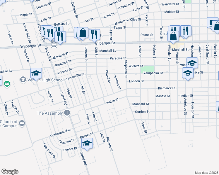 map of restaurants, bars, coffee shops, grocery stores, and more near 2300 Powell Street in Vernon