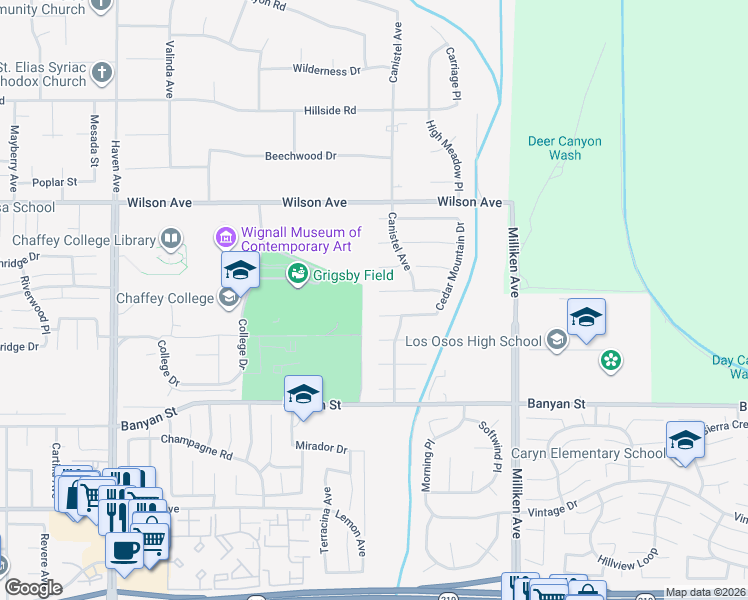 map of restaurants, bars, coffee shops, grocery stores, and more near 11015 Antietam Drive in Rancho Cucamonga