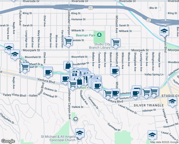 map of restaurants, bars, coffee shops, grocery stores, and more near 4224 Bluebell Avenue in Los Angeles