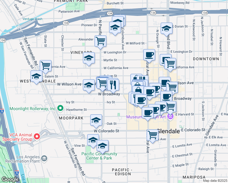 map of restaurants, bars, coffee shops, grocery stores, and more near 425 West Broadway in Glendale