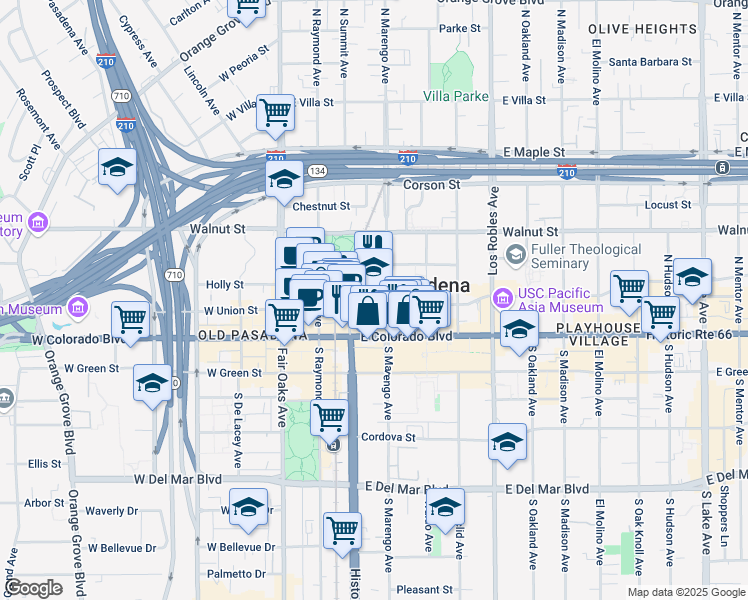 map of restaurants, bars, coffee shops, grocery stores, and more near 75 North Marengo Avenue in Pasadena