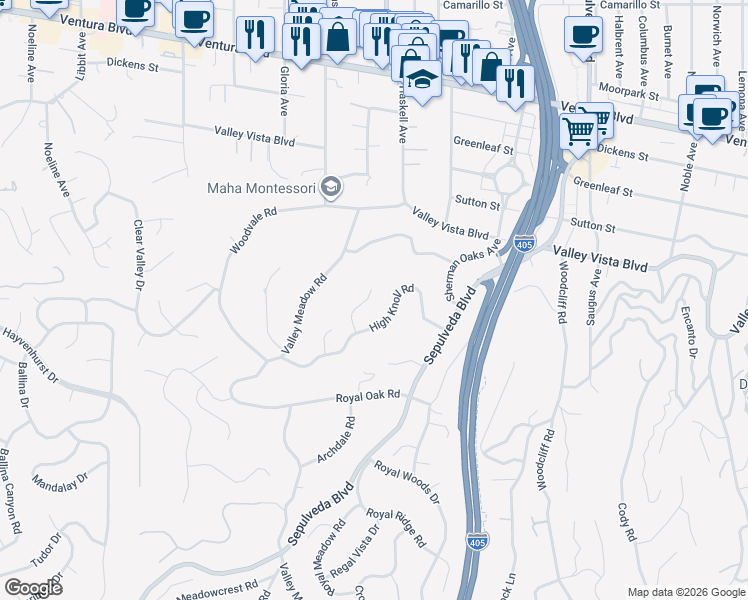 map of restaurants, bars, coffee shops, grocery stores, and more near 4178 Regal Oak Drive in Los Angeles