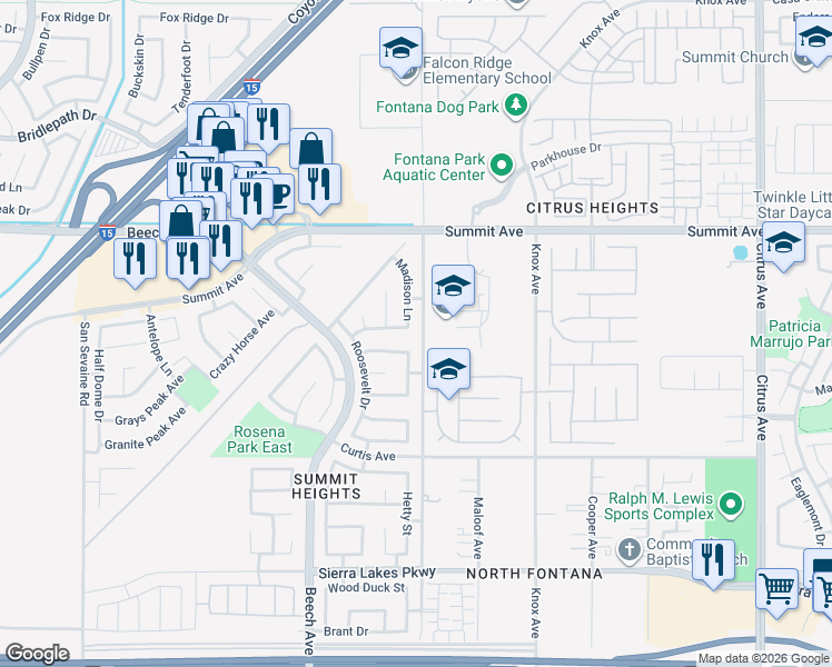 map of restaurants, bars, coffee shops, grocery stores, and more near 5867 Madison Lane in Fontana