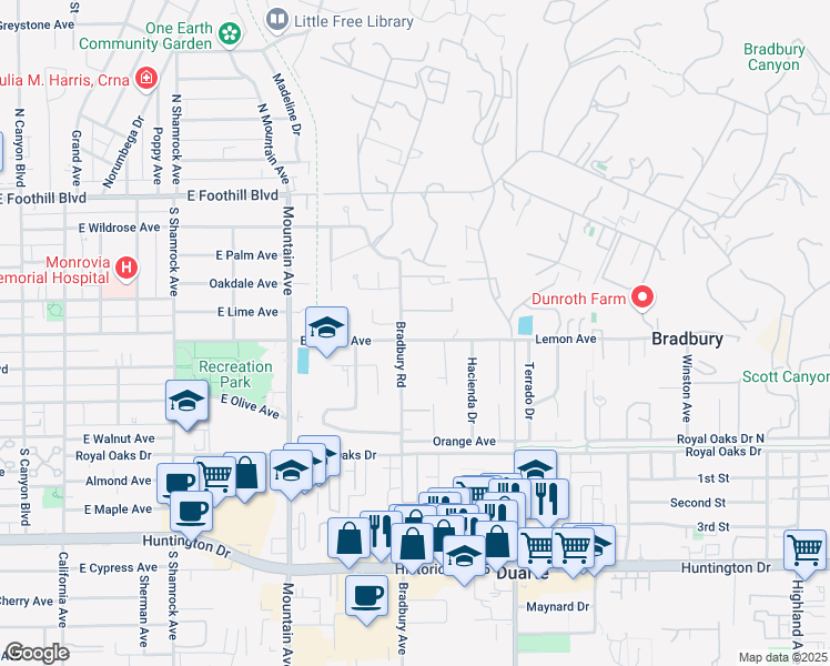 map of restaurants, bars, coffee shops, grocery stores, and more near 1121 East Lemon Avenue in Monrovia