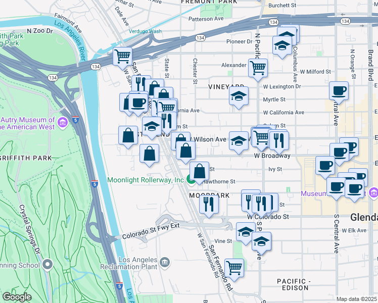 map of restaurants, bars, coffee shops, grocery stores, and more near 714 West Wilson Avenue in Glendale