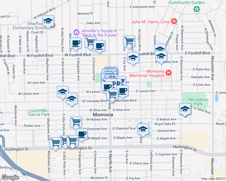 map of restaurants, bars, coffee shops, grocery stores, and more near 416 South Myrtle Avenue in Monrovia