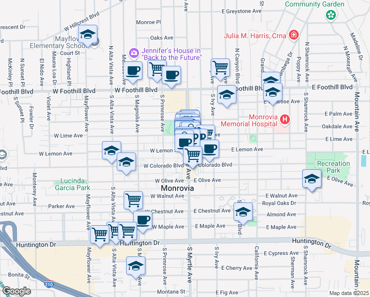 map of restaurants, bars, coffee shops, grocery stores, and more near 116 West Lime Avenue in Monrovia