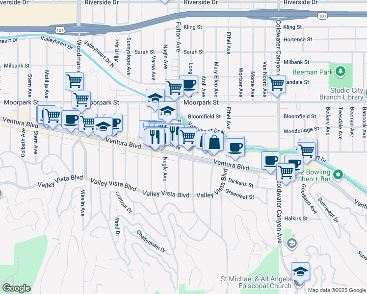 map of restaurants, bars, coffee shops, grocery stores, and more near 4240 Fulton Avenue in Los Angeles