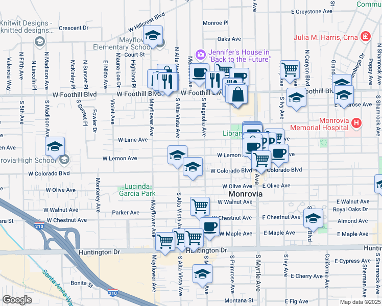 map of restaurants, bars, coffee shops, grocery stores, and more near 327 West Lemon Avenue in Monrovia