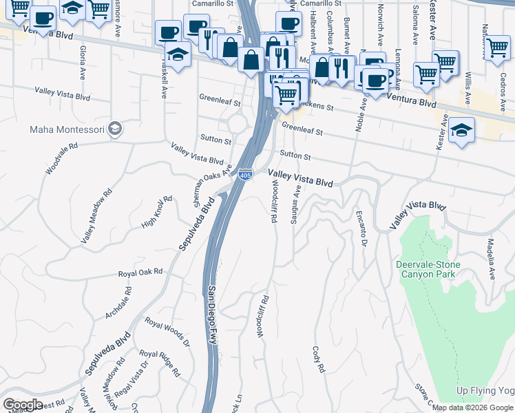 map of restaurants, bars, coffee shops, grocery stores, and more near 15330 Del Gado Drive in Los Angeles