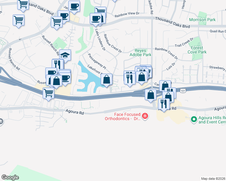 map of restaurants, bars, coffee shops, grocery stores, and more near in Agoura Hills