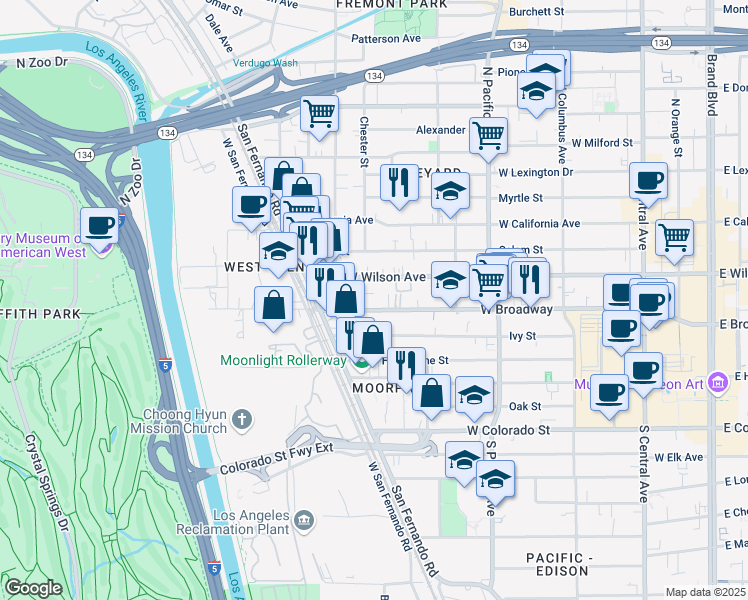 map of restaurants, bars, coffee shops, grocery stores, and more near 656 West Wilson Avenue in Glendale