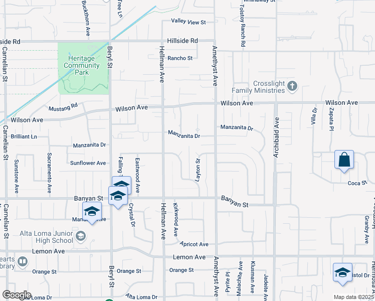 map of restaurants, bars, coffee shops, grocery stores, and more near 5931 Kirkwood Avenue in Rancho Cucamonga