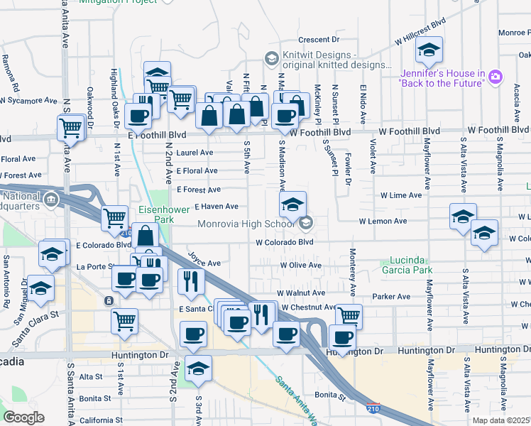 map of restaurants, bars, coffee shops, grocery stores, and more near 337 South Lincoln Place in Monrovia