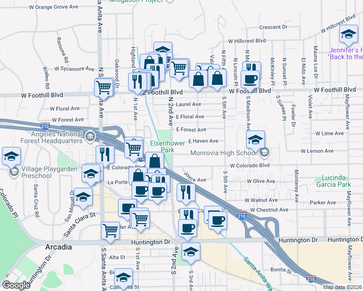 map of restaurants, bars, coffee shops, grocery stores, and more near 218 East Haven Avenue in Arcadia