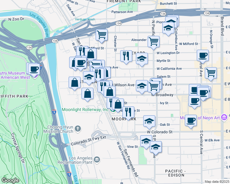 map of restaurants, bars, coffee shops, grocery stores, and more near 714 West Wilson Avenue in Glendale