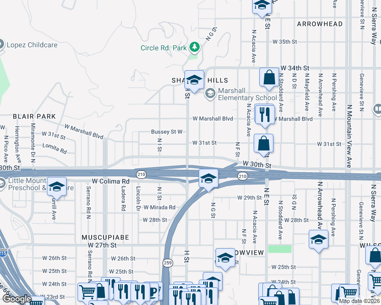 map of restaurants, bars, coffee shops, grocery stores, and more near 3063 North H Street in San Bernardino
