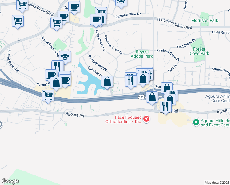 map of restaurants, bars, coffee shops, grocery stores, and more near 30529 Canwood Street in Agoura Hills