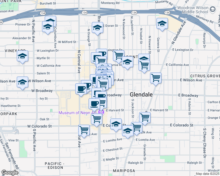 map of restaurants, bars, coffee shops, grocery stores, and more near 115 Artsakh Avenue in Glendale