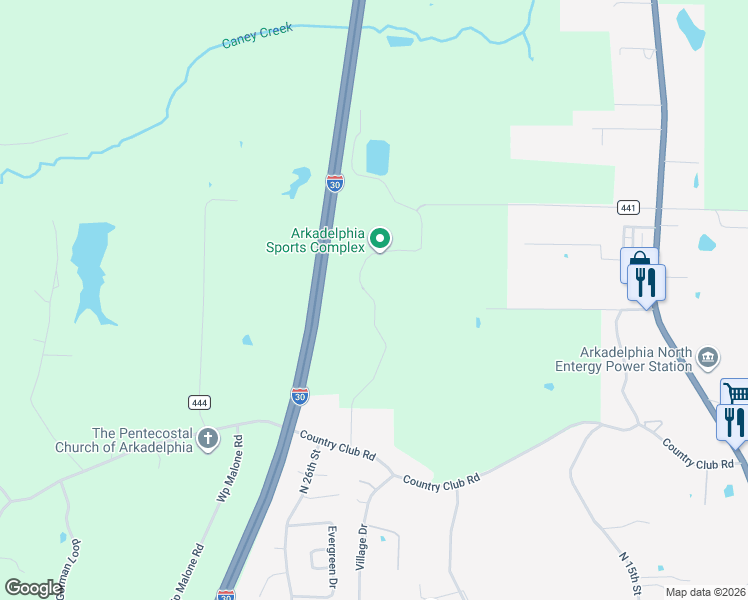 map of restaurants, bars, coffee shops, grocery stores, and more near Thompson Road in Arkadelphia