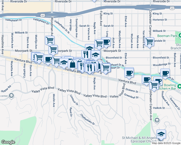 map of restaurants, bars, coffee shops, grocery stores, and more near 4223 Dixie Canyon Avenue in Los Angeles