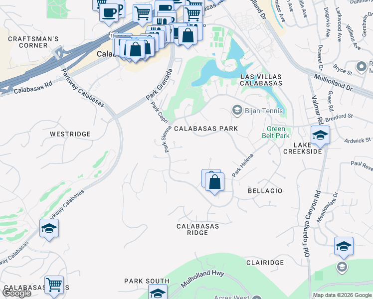 map of restaurants, bars, coffee shops, grocery stores, and more near 23650 Park Sevilla in Calabasas