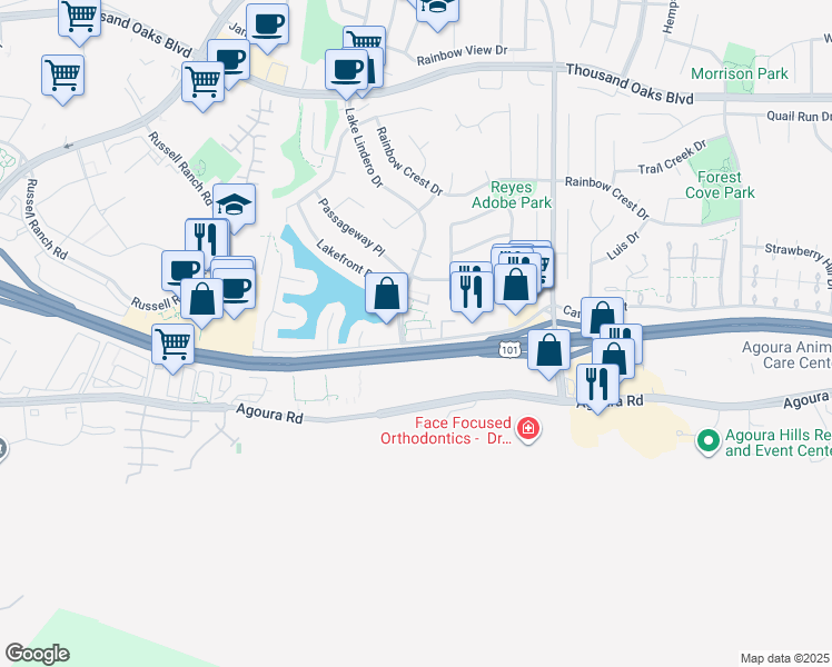 map of restaurants, bars, coffee shops, grocery stores, and more near 30523 Canwood Street in Agoura Hills