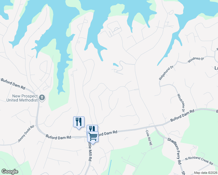 map of restaurants, bars, coffee shops, grocery stores, and more near 6005 Lake Windsor Parkway in Buford