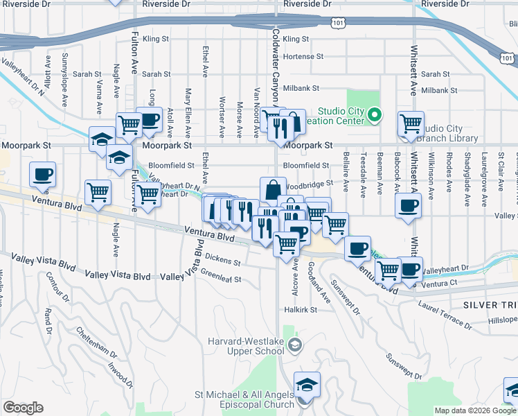 map of restaurants, bars, coffee shops, grocery stores, and more near 12931 Valleyheart Drive in Los Angeles