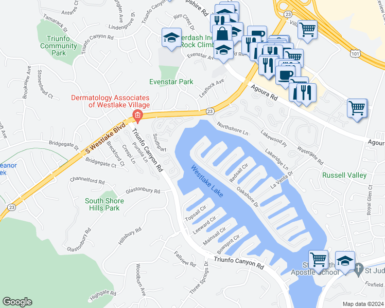 map of restaurants, bars, coffee shops, grocery stores, and more near 2410 Oakshore Drive in Westlake Village