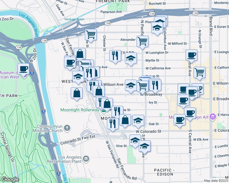 map of restaurants, bars, coffee shops, grocery stores, and more near 656 West Wilson Avenue in Glendale