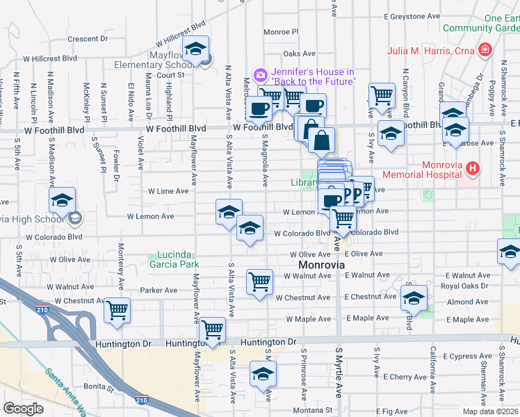 map of restaurants, bars, coffee shops, grocery stores, and more near 303 West Lemon Avenue in Monrovia