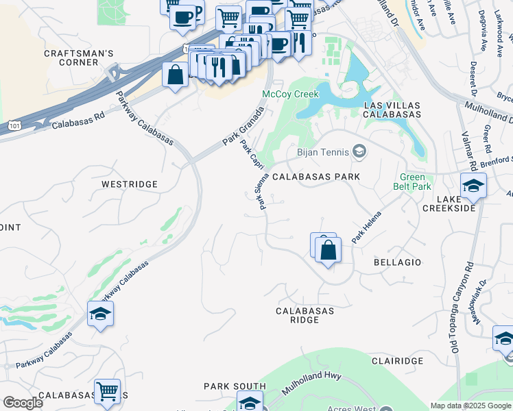 map of restaurants, bars, coffee shops, grocery stores, and more near 23718 Park Madrid in Calabasas