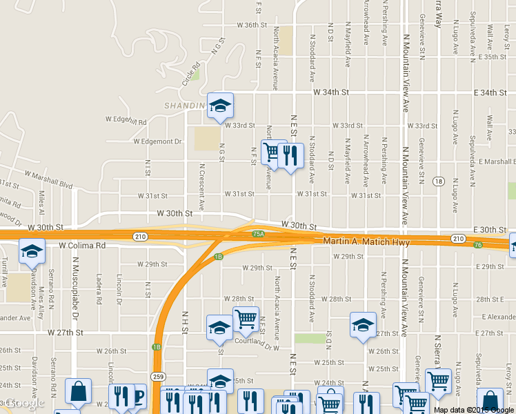 map of restaurants, bars, coffee shops, grocery stores, and more near 3069 North F Street in San Bernardino