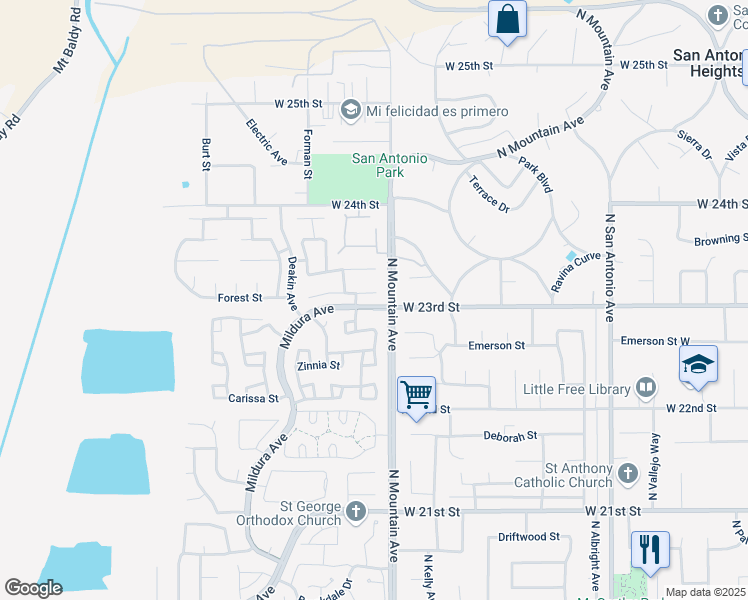 map of restaurants, bars, coffee shops, grocery stores, and more near 1224 Mallorca Street in Upland