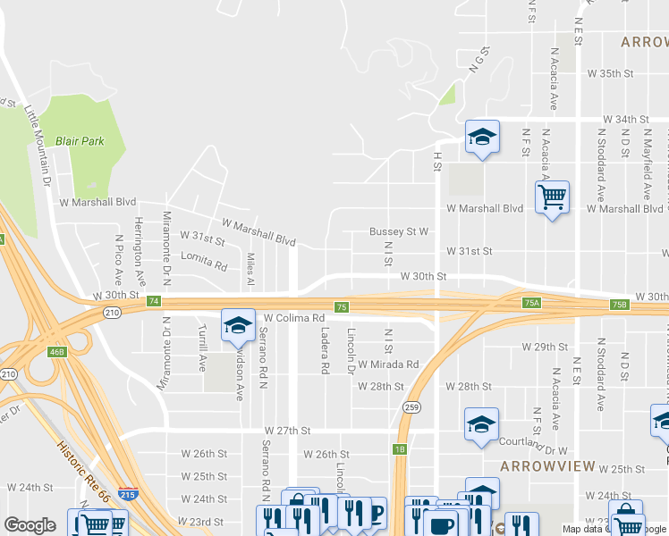 map of restaurants, bars, coffee shops, grocery stores, and more near 3097 Ladera Road in San Bernardino
