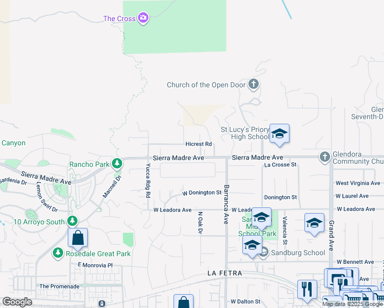 map of restaurants, bars, coffee shops, grocery stores, and more near 1025 Sierra Madre Avenue in Glendora