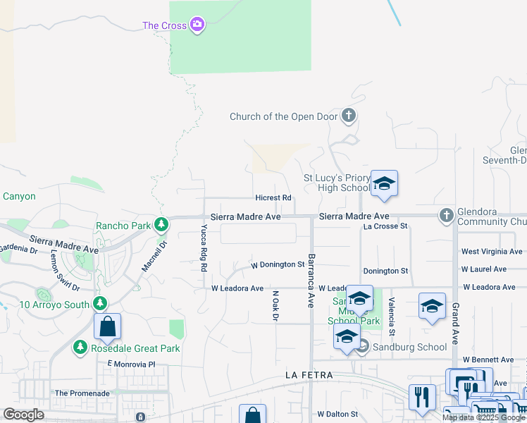 map of restaurants, bars, coffee shops, grocery stores, and more near 1025 Sierra Madre Avenue in Glendora