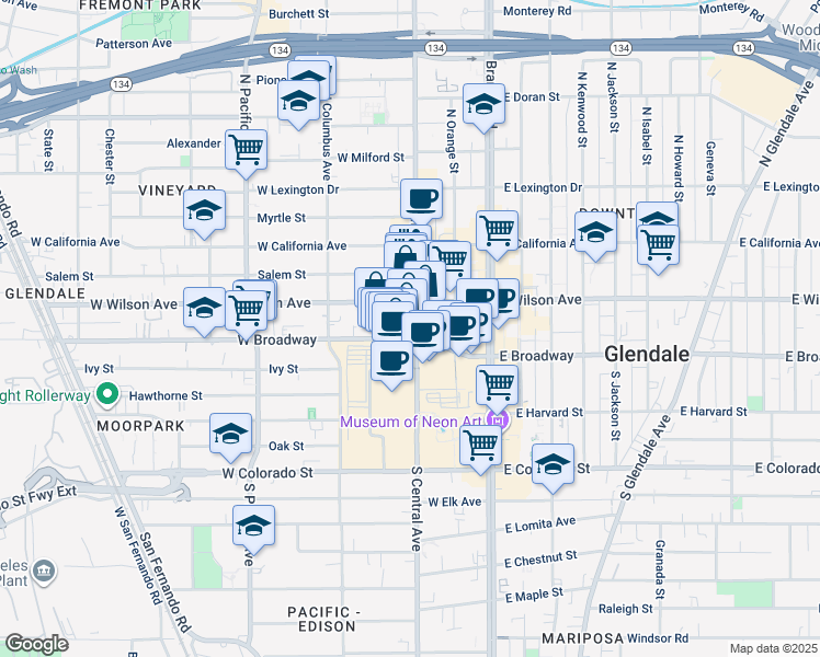 map of restaurants, bars, coffee shops, grocery stores, and more near 105 North Central Avenue in Glendale