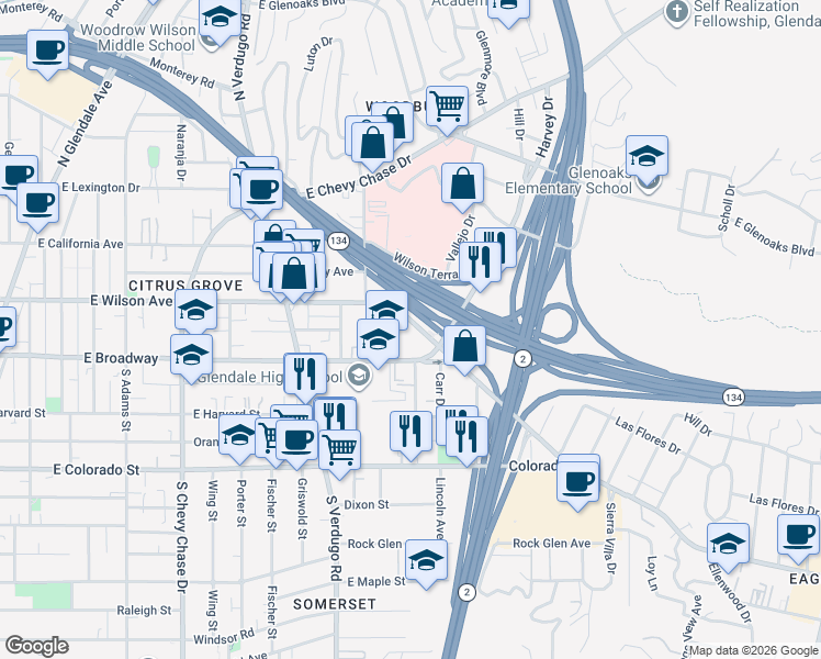 map of restaurants, bars, coffee shops, grocery stores, and more near in Glendale