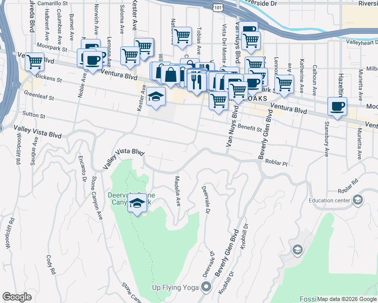 map of restaurants, bars, coffee shops, grocery stores, and more near 14626 Sutton Street in Los Angeles