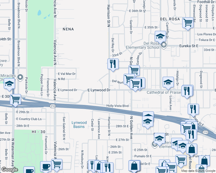 map of restaurants, bars, coffee shops, grocery stores, and more near 1096 East Lynwood Drive in San Bernardino