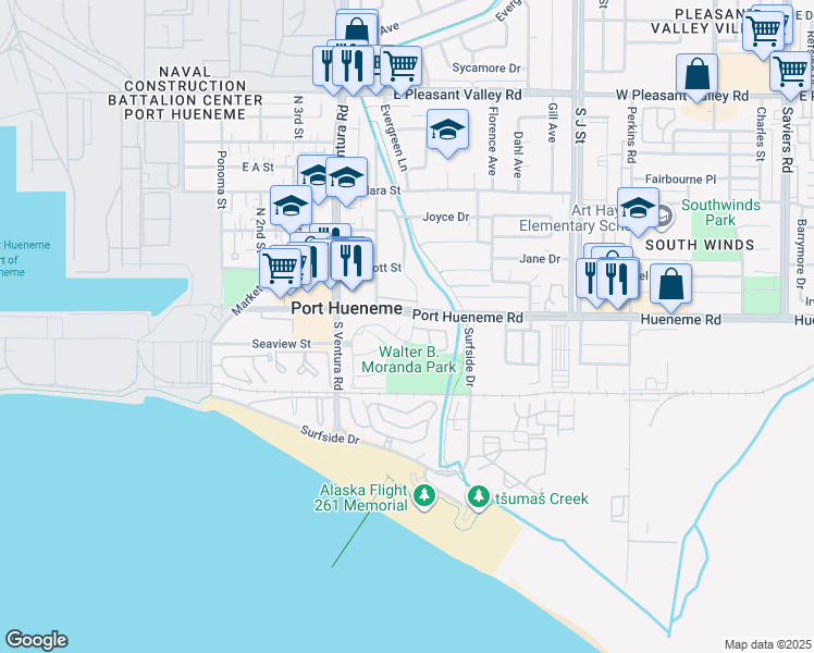 map of restaurants, bars, coffee shops, grocery stores, and more near 114 San Nicolas Circle in Port Hueneme