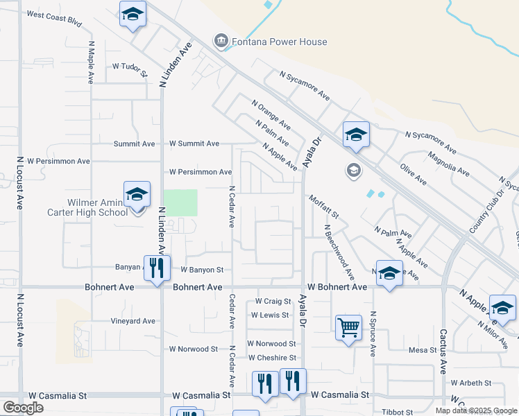 map of restaurants, bars, coffee shops, grocery stores, and more near 2583 North Church Avenue in Rialto