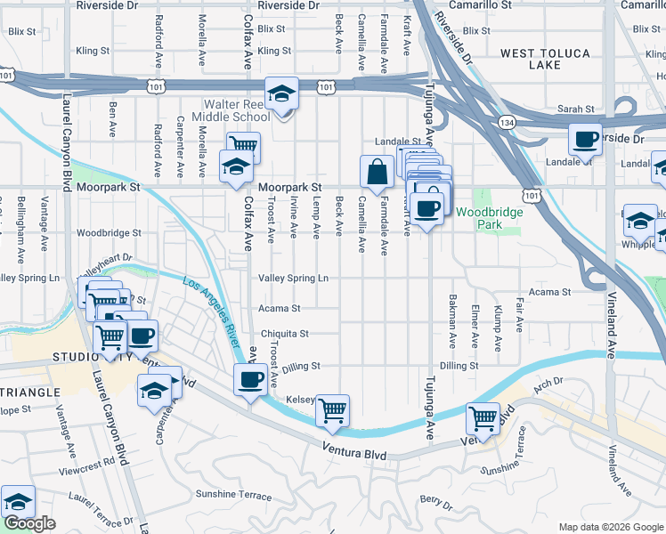 map of restaurants, bars, coffee shops, grocery stores, and more near 4277 Beck Avenue in Los Angeles