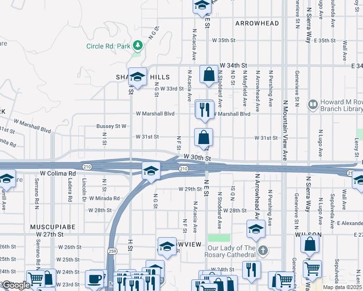 map of restaurants, bars, coffee shops, grocery stores, and more near 3069 North F Street in San Bernardino