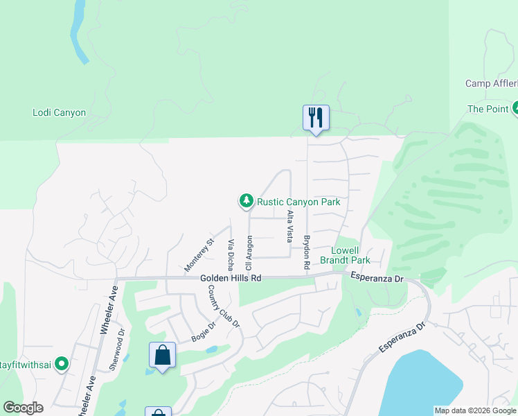 map of restaurants, bars, coffee shops, grocery stores, and more near 7350 Calle Aragon in La Verne
