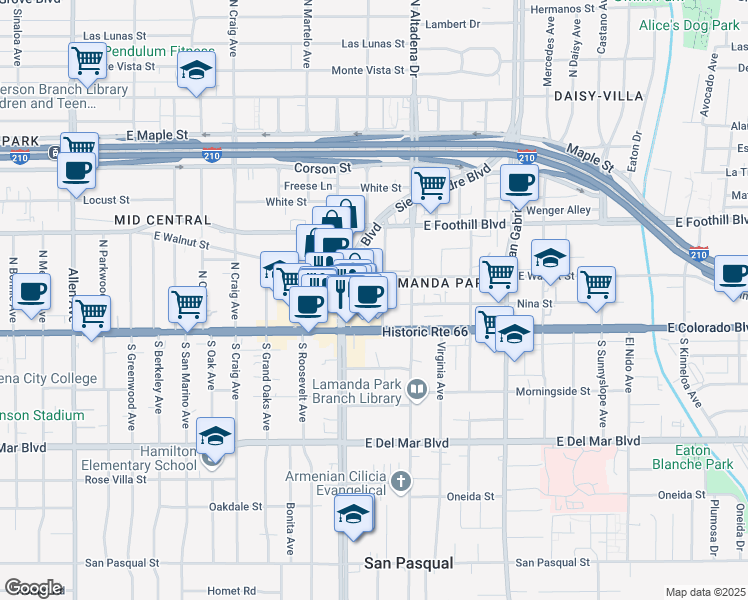 map of restaurants, bars, coffee shops, grocery stores, and more near 55 Eloise Avenue in Pasadena